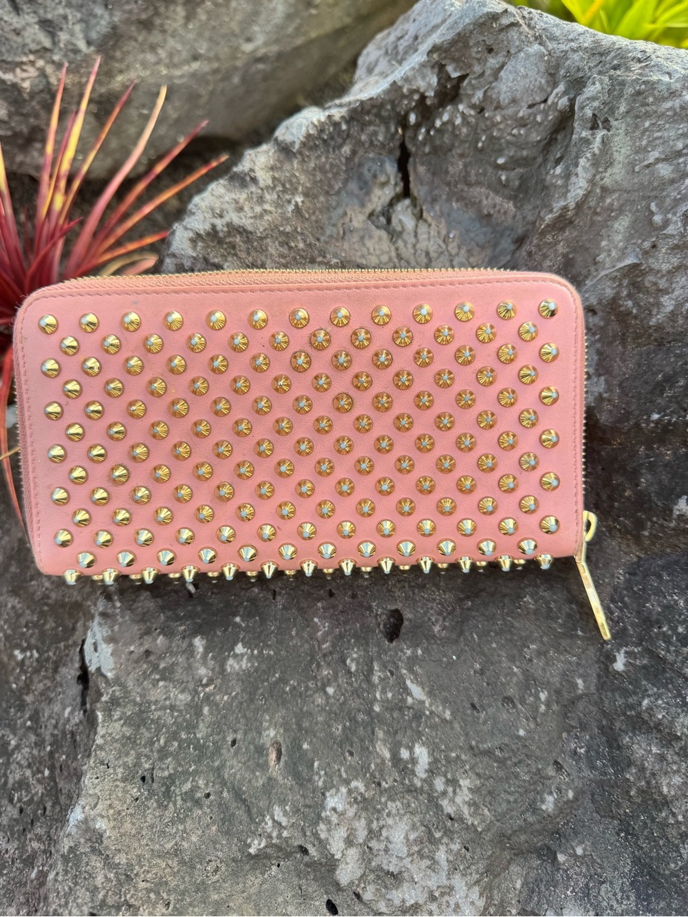 Christian Louboutin Pink Spiked Zip Around Wallet Gold Studs Leather - Picture 3 of 14
